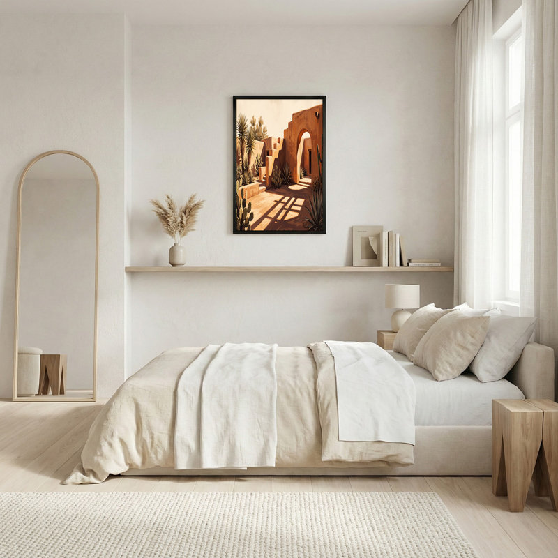 Art mural sur toile Adobe, cour avec jardin de cactus et ombres chaudes, H 32 po x l 48 po
