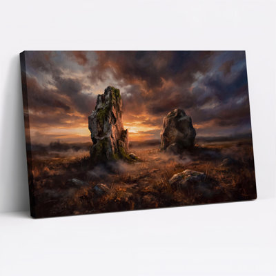 Art mural sur toile Mossy Rock Formations Under Dramatic Sunset Sky