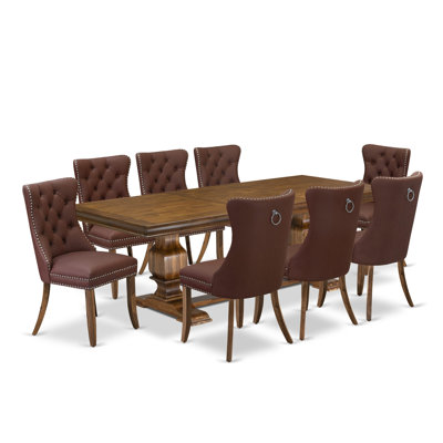 9-piece Mid-Century Dining Table Set includes a Dining Table and 8 Burgundy Polyester fabric Kitchen Chairs with Button tufted Back - Antique Walnut Finish