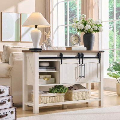 Entryway Table with Sliding Arch Doors, 46" Rustic Console Table with Adjustable Shelf