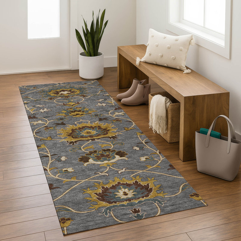 Premium Machine Washable Mayfield Global Rug, Gray, 2'3" x 7'6" Runner