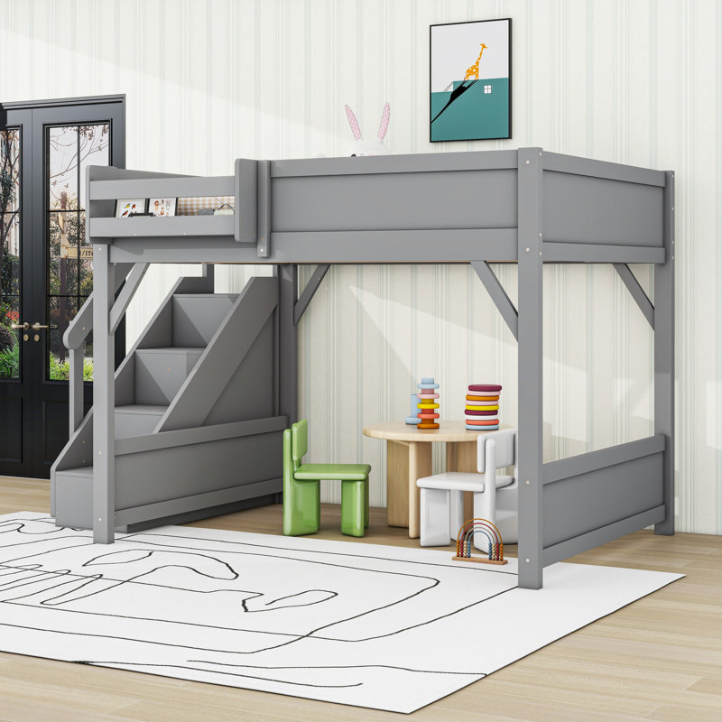 Lit mezzanine avec garde-robe intégré et tablettes de rangement, Gris, Lit double