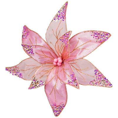 Glitter And Sequin Poinsettia Clip-On Christmas Ornament - 11.5" - Pink And Gold