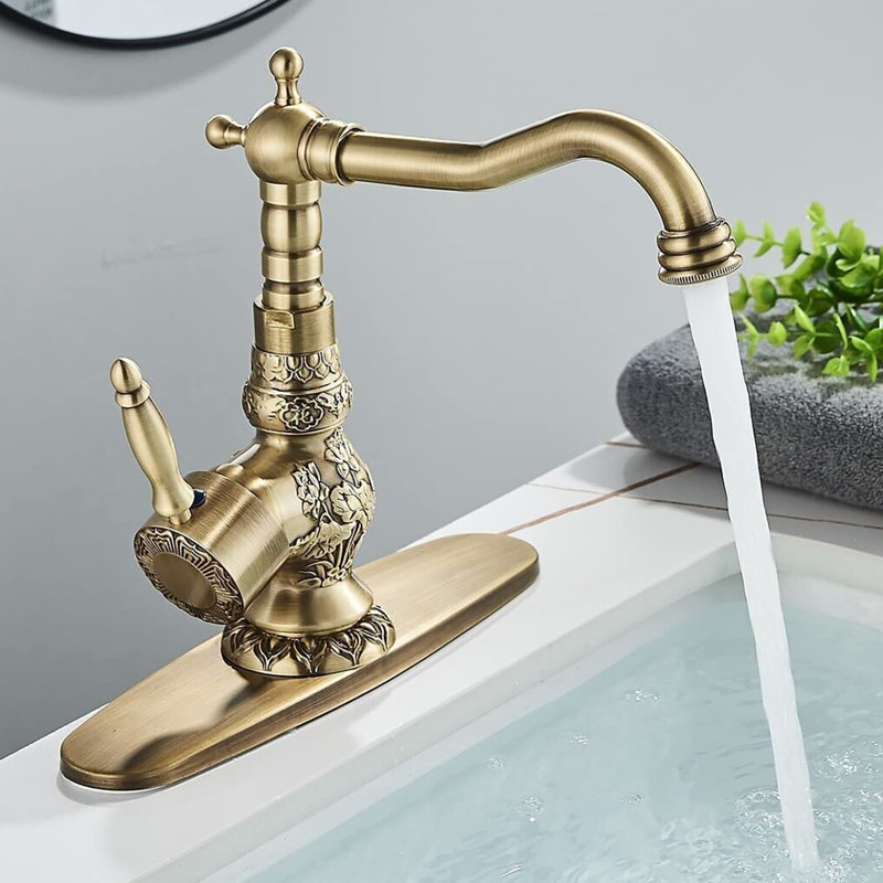 Robinet de salle de bain rétro en laiton antique Mosson avec bec décoratif, plaque de pont de 8 pouces et bonde escamotable