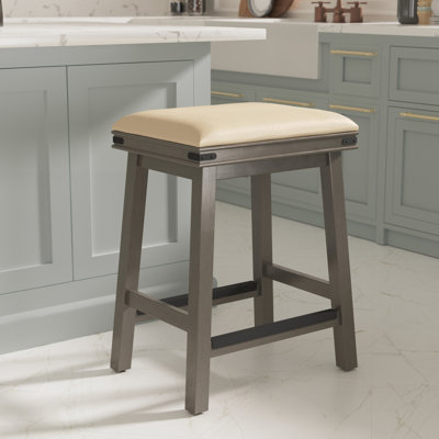 Tabouret de comptoir de 24 po avec finition grise vieillie et siège en cuir français confortable - idéal pour les bars à domicile, il améliore le confort de votre bar