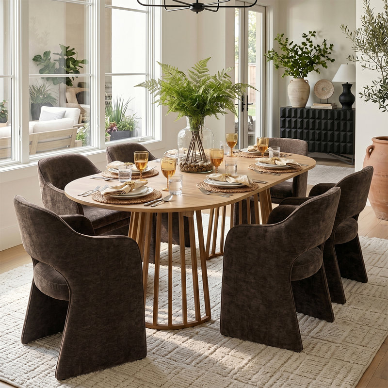 6- Person Dining Table Sets With Extendabe Oval Table & 6 Upholstered Chenile Diining Chairs, Brown