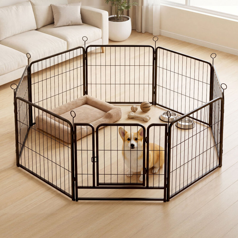 Dog Pen 8 Pcs Steel 60cm Foldable Indoor Outdoor Pet Enclosure Black, 60cm H x 56cm W x 1cm D