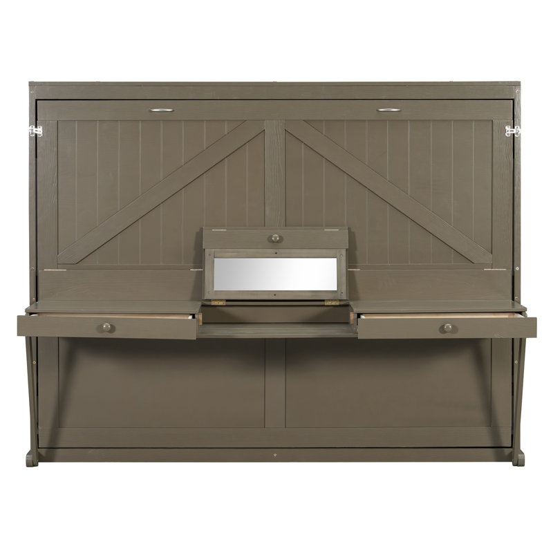 Lit escamotable mural avec rangement, armoire-lit pliable avec coiffeuse, miroir central et 2 tiroirs latéraux, Gris