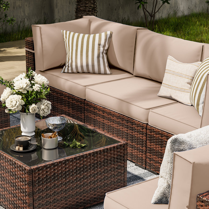 Ensemble de conversation modulaire en rotin 7 pièces avec coussins Keyala, Kaki