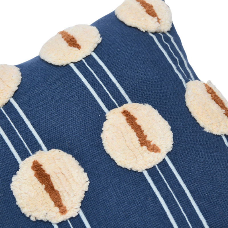 Blue Cotton Embroidered Square Pillow with Tassels