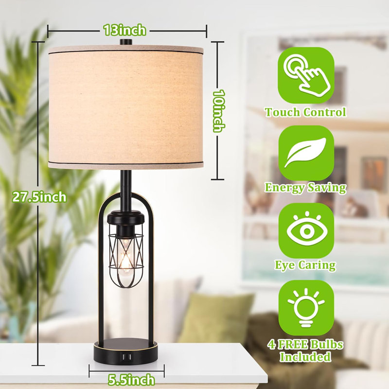 Ensemble de 2 lampes de chevet en métal à contrôle tactile noir avec veilleuse industrielle en cage, noir, 27 po