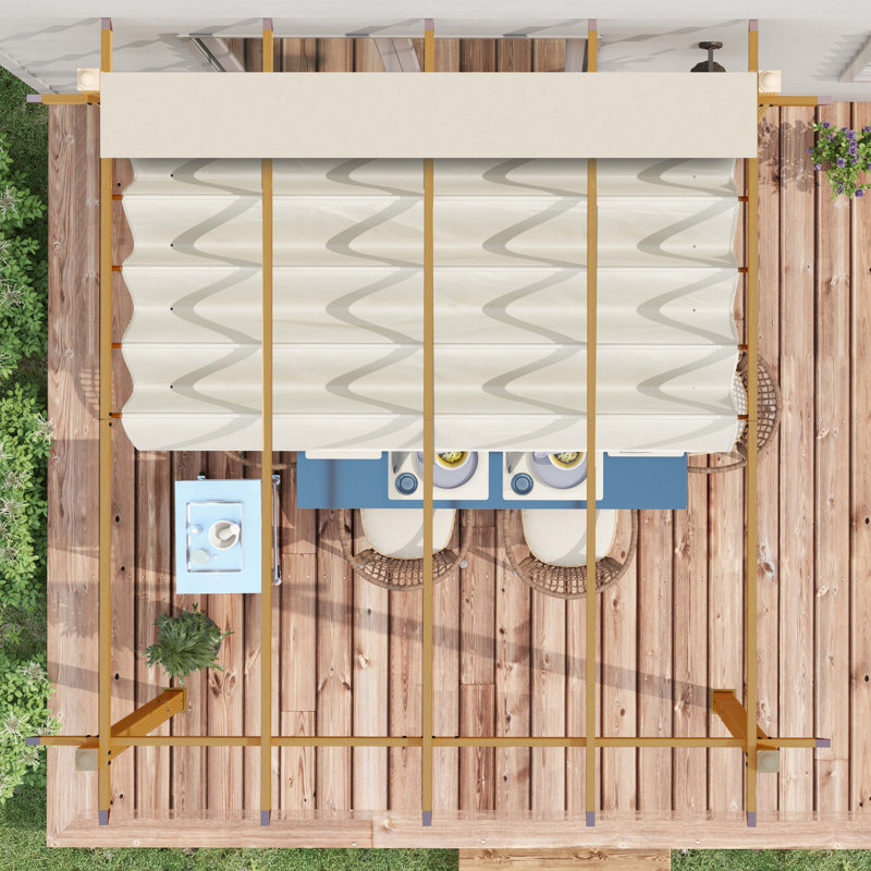 H 10 pi x l 10 pi Pergola en acier avec auvent, bois, Blanc, crème