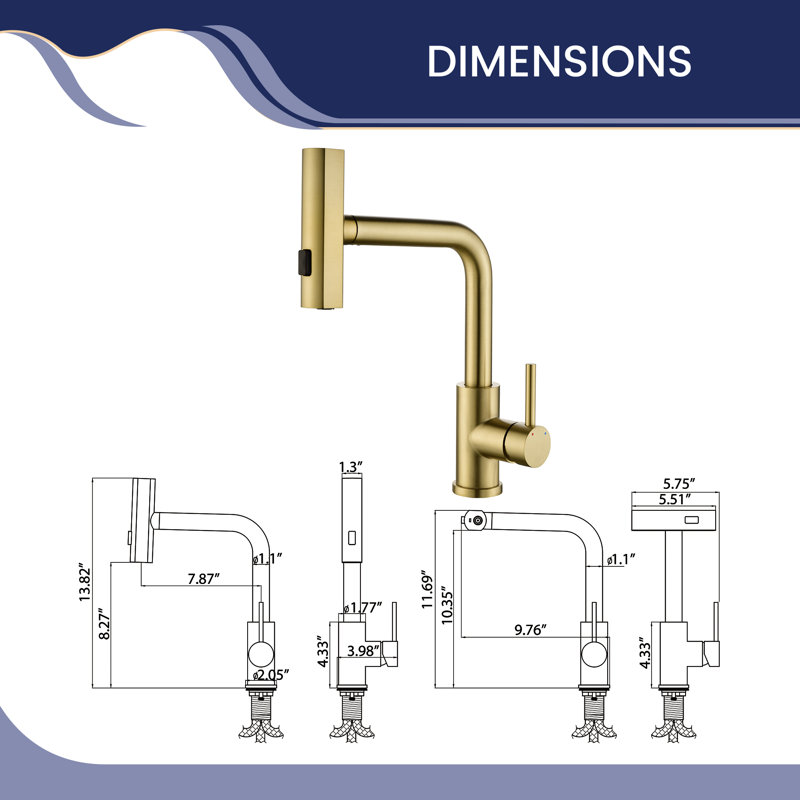 11.7"H Stainless 360° Swivel Bathroom Faucet With 3-Function Pull-Out Sprayer, Brushed Gold