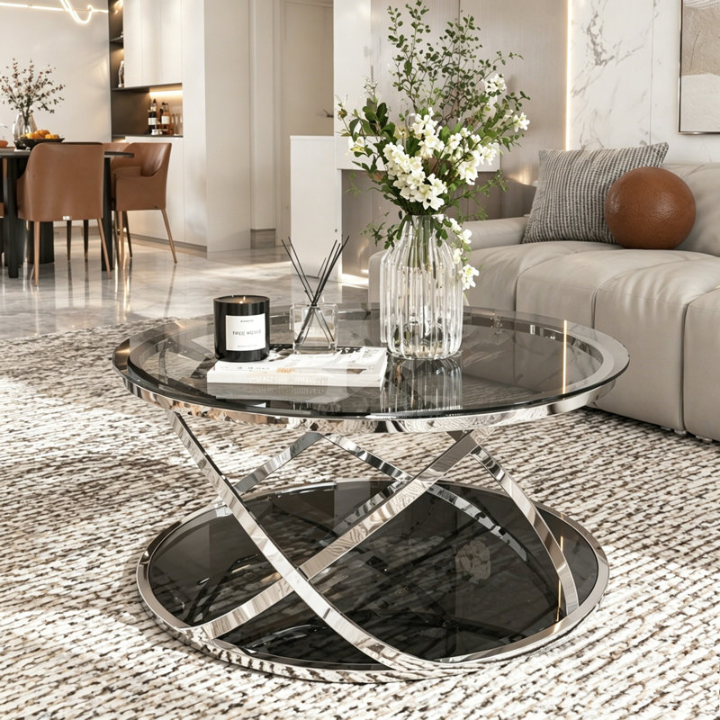 Table basse moderne en verre avec 2 niveaux et structure chromée, Silver, Round
