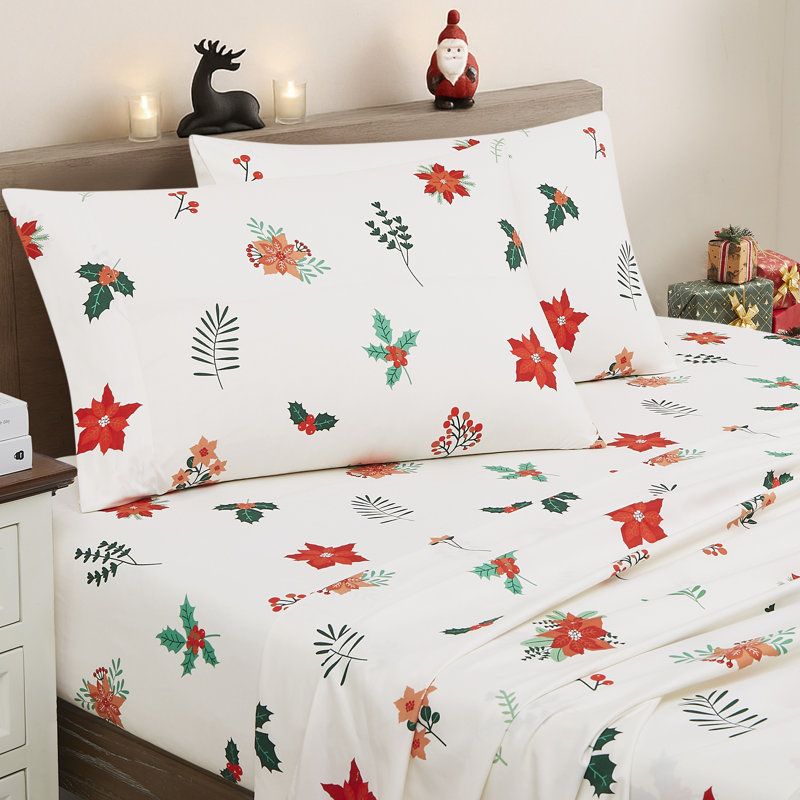 Ensemble de draps de vacances imprimés 3 pièces, facile à entretenir, literie des Fêtes douce et infroissable - poinsettia, simple