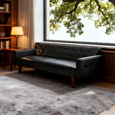 Modern 3-Seater Convertible Folding PU Leather Sofa Bed With Solid Wood Frame & Detachable Wood Legs For Living Room And Bedroom