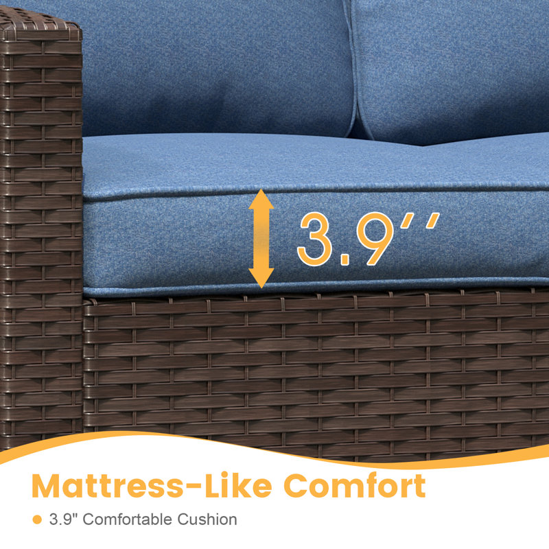Chaises de patio en osier avec coussins, Structure brune / coussin bleu ardoise