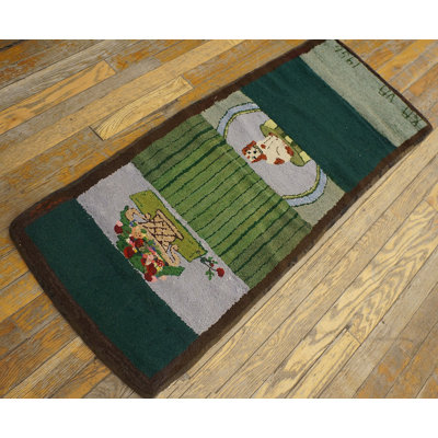Vintage American Hooked Rug Small Scatter Size Wool Green