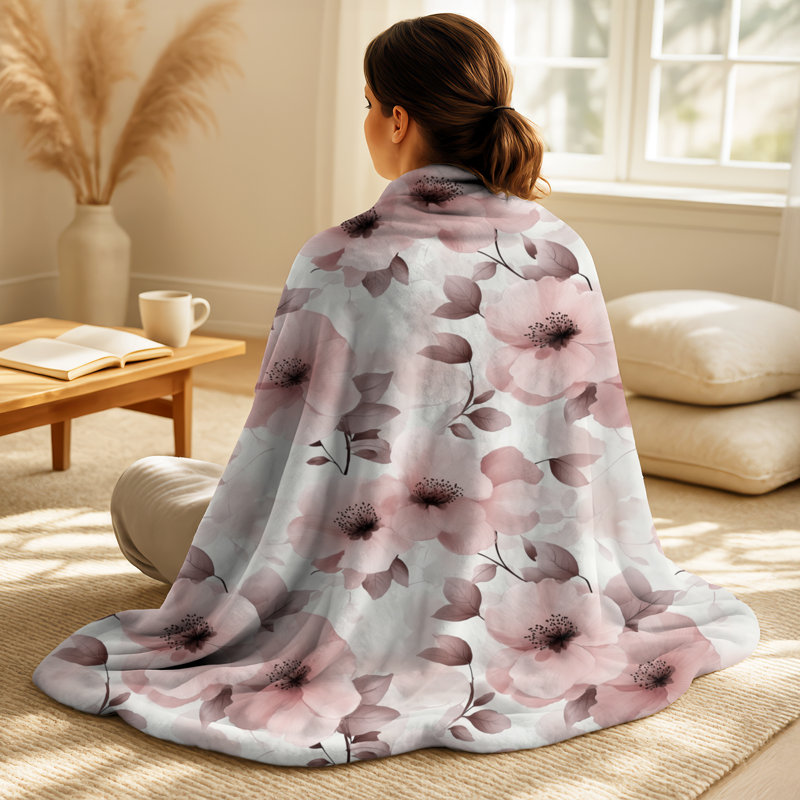 Pink Blush Blossoms III - couverture douillette à motif floral, jeté rustique