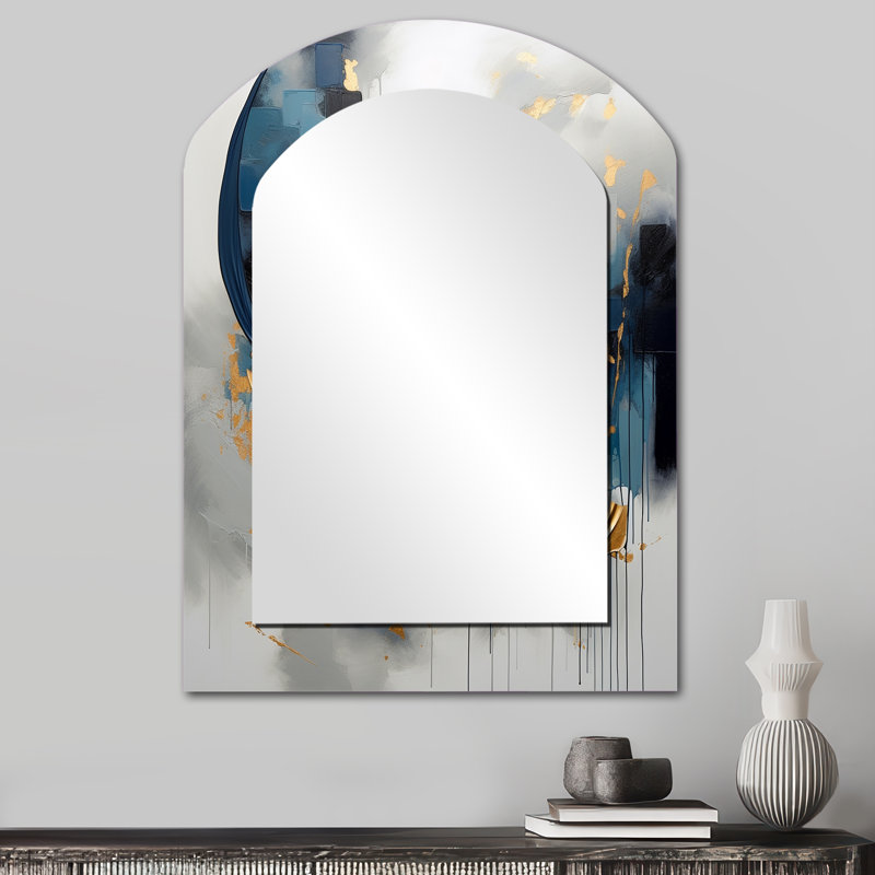 Or bleu abstrait tourbillons de sérénité V - miroir mural unique arche fractale, miroir asymétrique moderne, impression d'art en métal