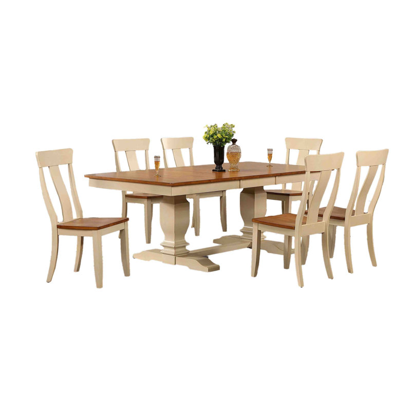 7-Piece Solid Wood Rectangle Extendable Dining Set In Cream & Brown With Gear Driven 18" Takeout Leaf (seats 4-6 people)
