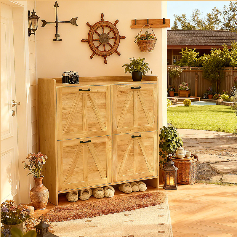 Shoe Cabinet With 4 Flip Drawers, Light Oak