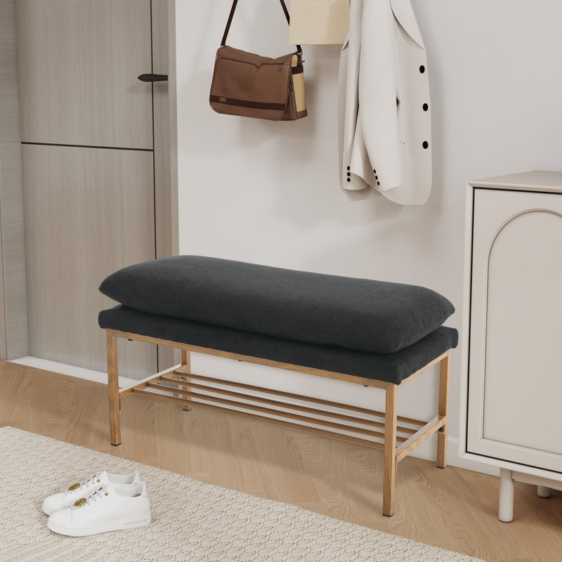 Upholstered Entryway Bench, Storage Shoe Bench With Shelf And Metal Legs, Black