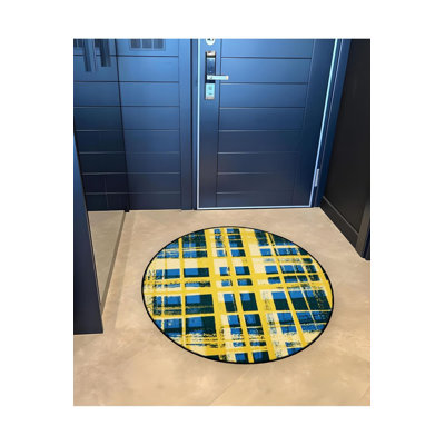 Round Yellow Plaid Detailed Woven Base Modern Decorative Machine Washable Rug