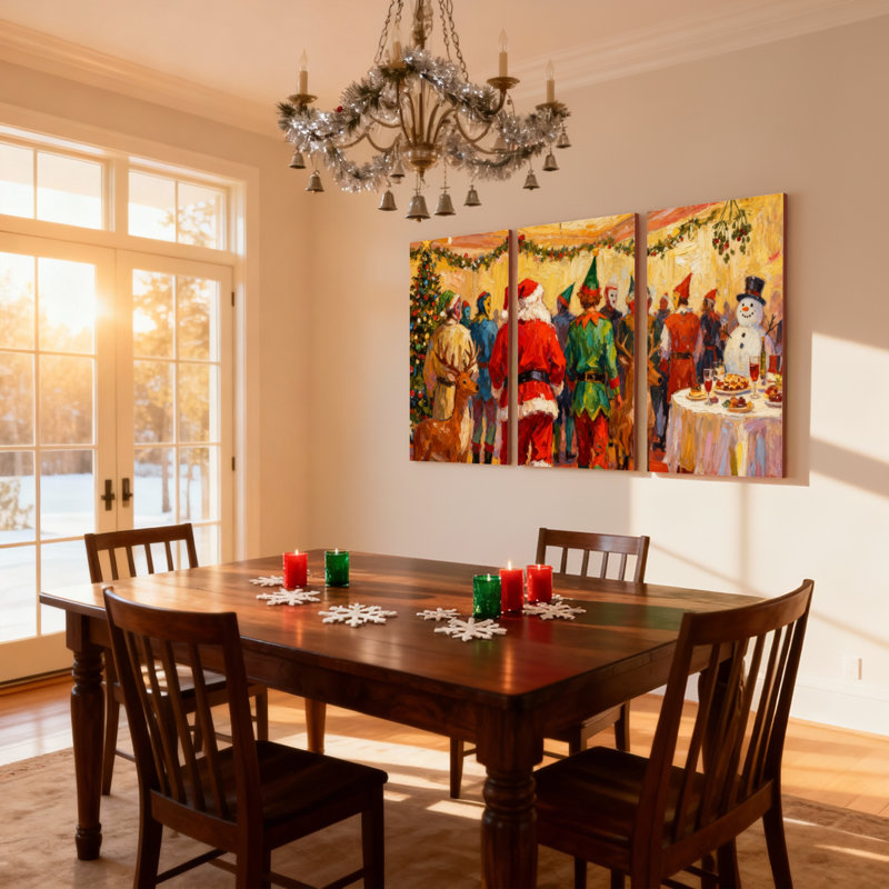 «Christmas Christmas Gathering With Santa and Elves», ensemble de 3 impressions d'art sur toile