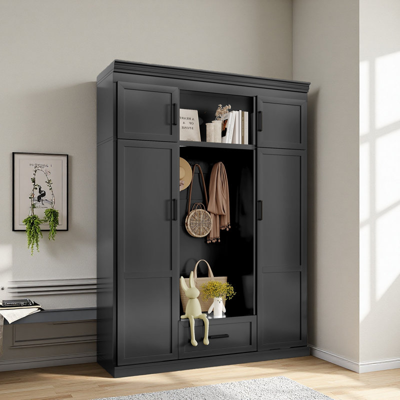 Arbre d'entrée avec banc et 3 crochets, armoire de rangement moderne pour hall d'entrée avec 4 portes, 1 tiroir et tablettes réglables pour le couloir, le vestibule et le salon
