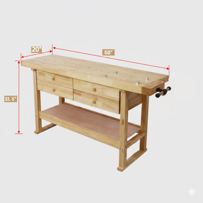 Établi 60 pouces avec 4 tiroirs, poste de travail en bois pour garage, atelier et maison