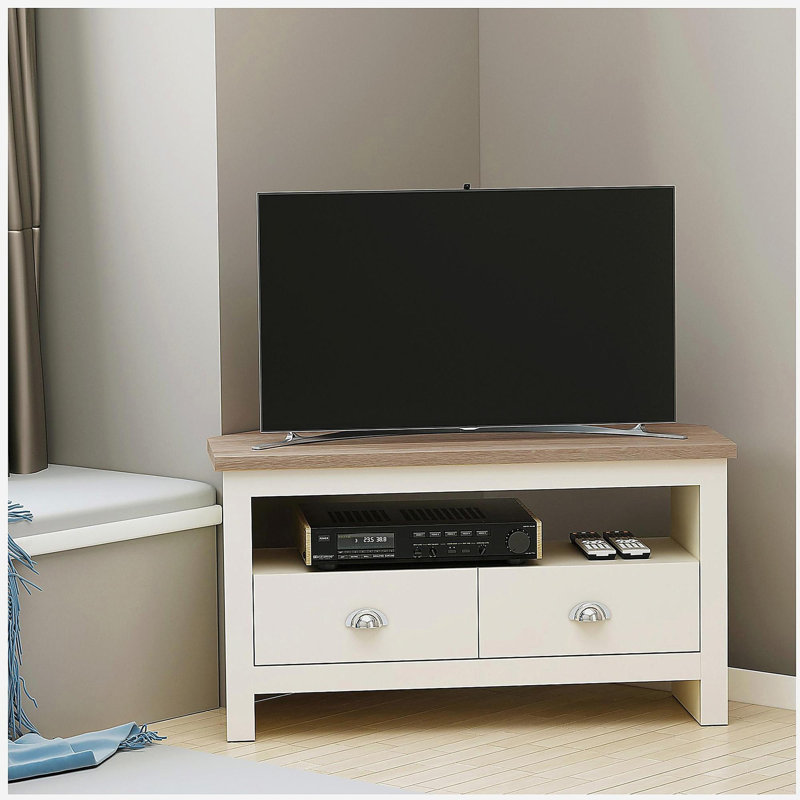 Meuble télé d'angle de 50 po maximum avec tiroirs et compartiments de rangement ouverts Meuble télé de salon, blanc
