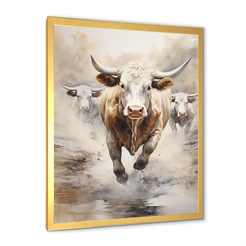 Beige bouvillon Stampede - impressions d'art mural de bovins, Cadre doré simple, H 32 po x l 24 po x P 1 po