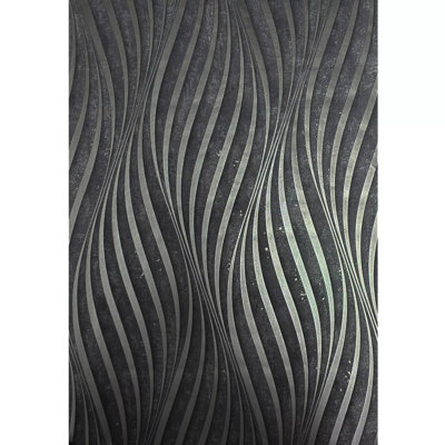 Dark Gray Silver Metallic Wavy Lines Wave Trellis Textured Modern Wallpaper Roll