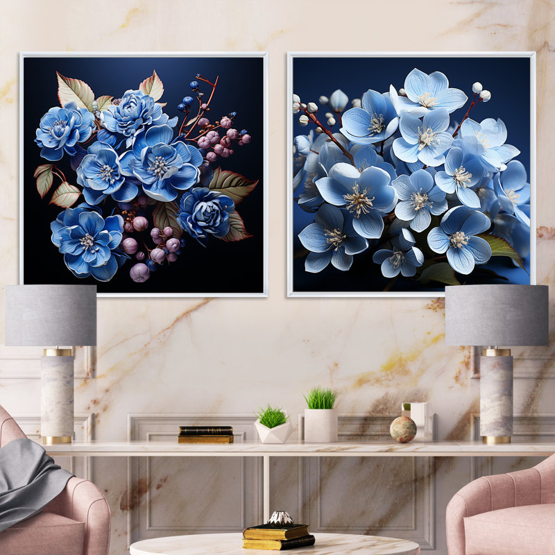Ensemble de 2 hortensias noirs et bleus - ensemble de 2 hortensias carrés, Cadre flottant blanc, H 30 po x l 61 po