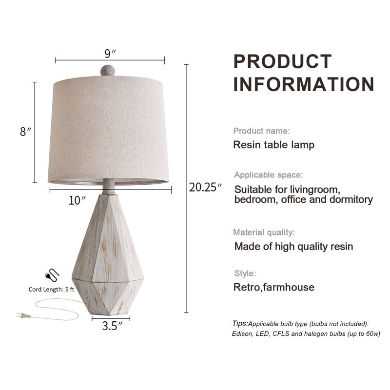 Amillie 20.25" resin farmhouse table lamp single, living room bedroom office study traditional lamp