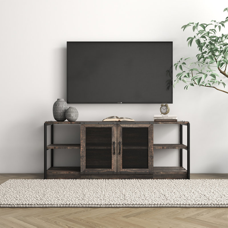 63" TV Stand, With Storage Shelves, Chêne rustique / Noir