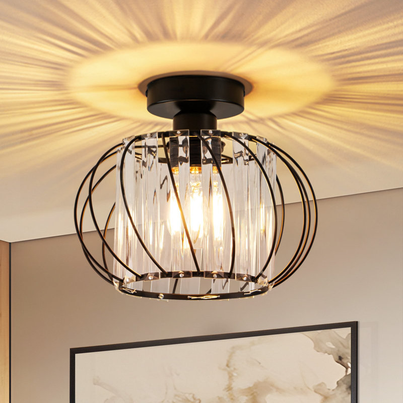 Flush Mount 1-light Black E27 Modern Ceiling Light with Crystal Ambient Lighting Prisms, 25cm H x 21cm W x 25cm D