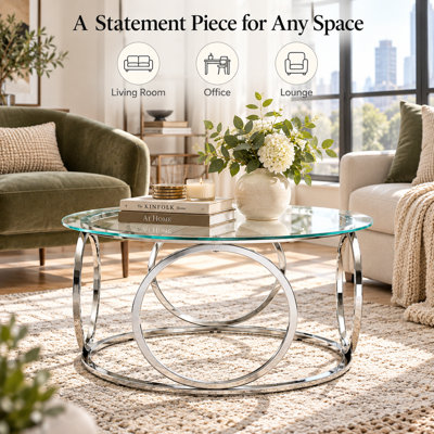 Table basse ronde moderne en verre, 80 cm (31,5 po), structure en métal chromé, table d'appoint contemporaine pour salon, bureau, salon, verre transparent/chrome