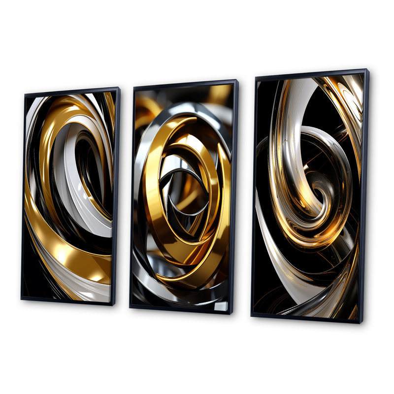 Liquid Gold Black And White Swirling Dimension I - Abstract Spirals Art Set Of 3 Pieces, Cadre flottant noir