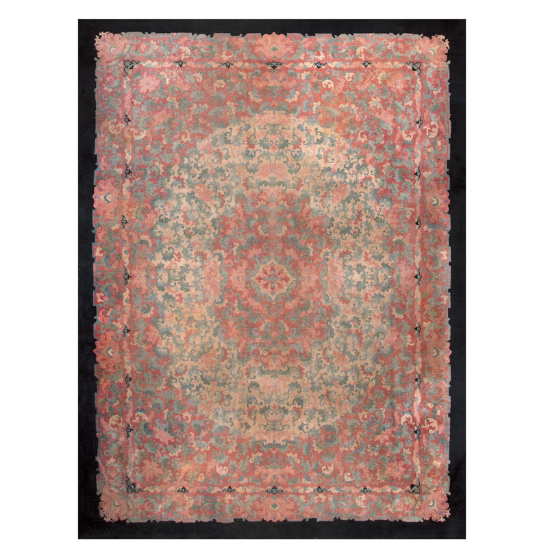 Antique Floral Medallion Wool Hand Knotted Pile Coral / Salmon Pink 1930s Rug