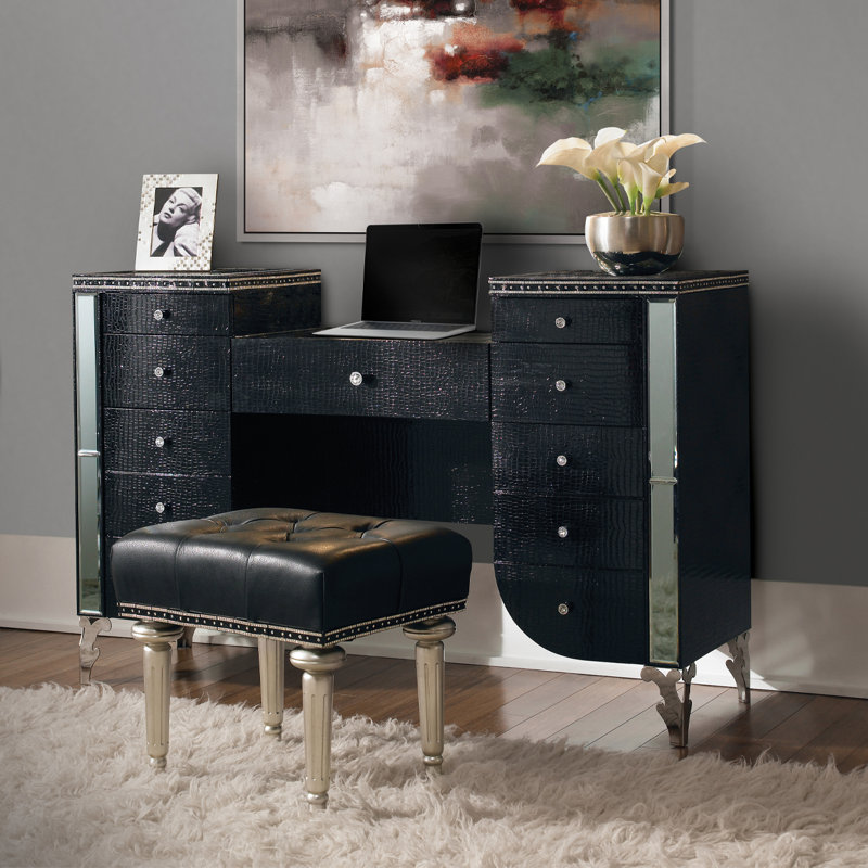 Hollywood Swank Leather Vanity Stool, Platinum Gold/Black
