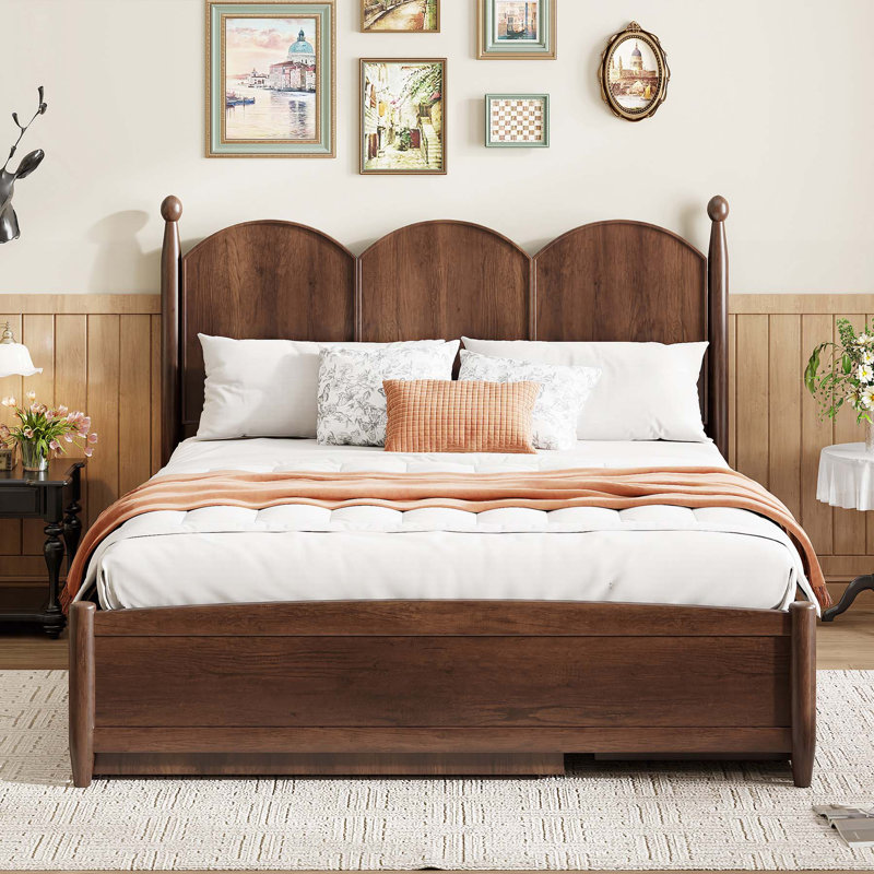 Charming Platform Bed with Drawers and Pull-Out Trundle for Versatile Use, Walnut
