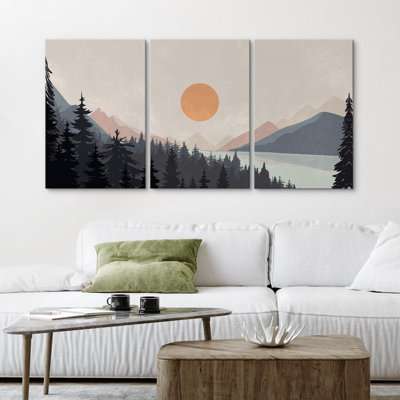 Sun Mountain Landscape " Pastel Pine Tree Forest Mountain Range Lake " 3 - Pieces
