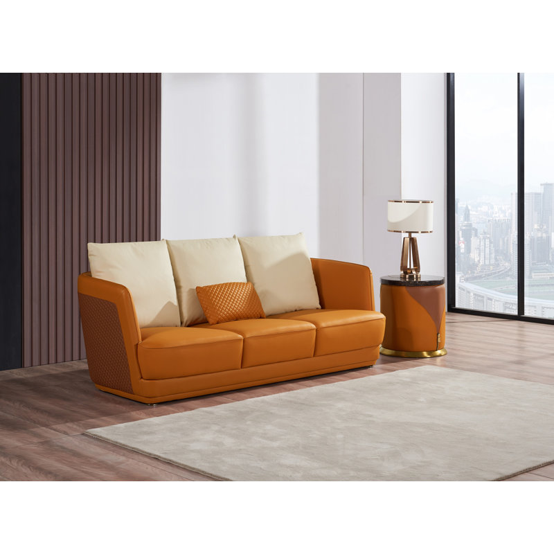 Glamour Leather Sofa, Orange/Brown Genuine Leather, 32.5" H x 87.5" W x 37.5" D, 3