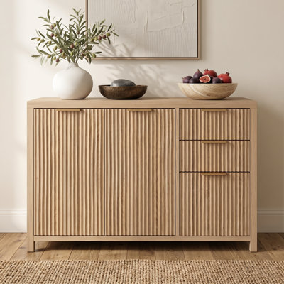 47" Wood Finish Striped Sideboard Buffet Cabinet With 3 Drawers & Adjustable Shelves
