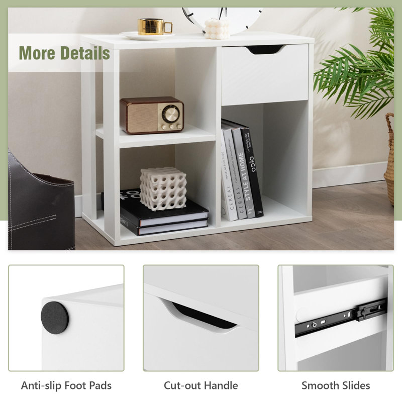 White Modern 3-Cube Bookcase with Drawer and Open Shelves
