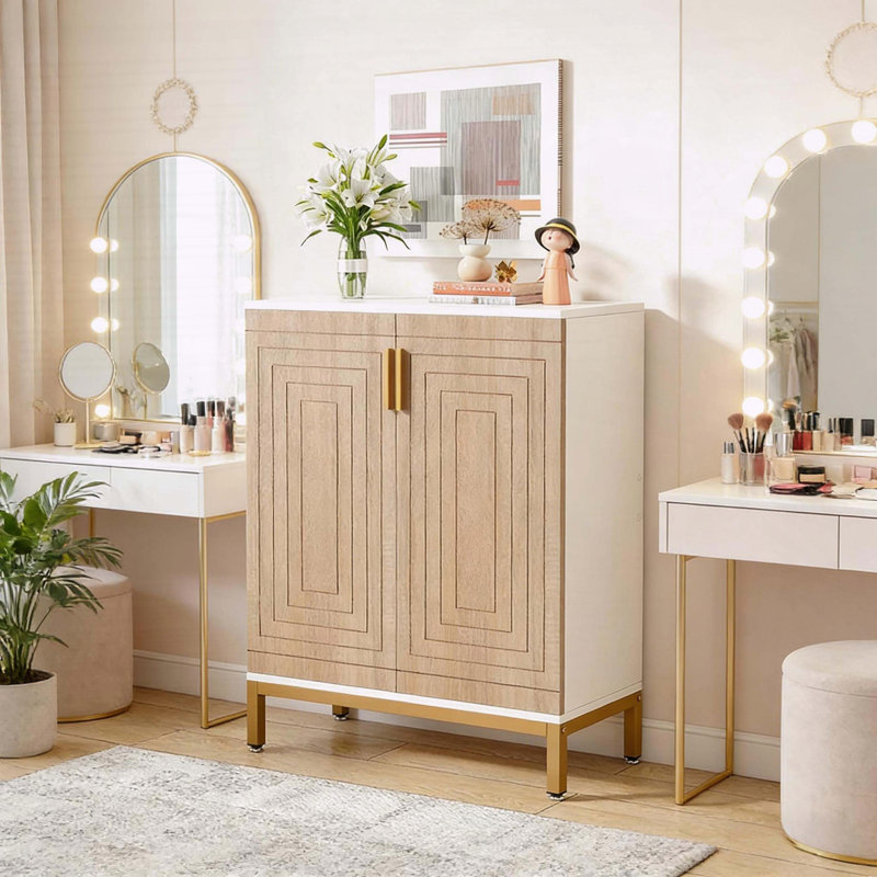5-Tier Shoe Storage Cabinet with Geometric Doors and Gold Legs, Gold/White/Natural