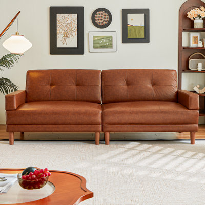 Canapé 3 places confortable et surdimensionné en cuir capitonné de 220 cm (86,6 po) avec accoudoirs carrés, style moderne du milieu du siècle, pieds en métal et coussins profonds rembourrés, idéal pour le salon et la chambre, marron.