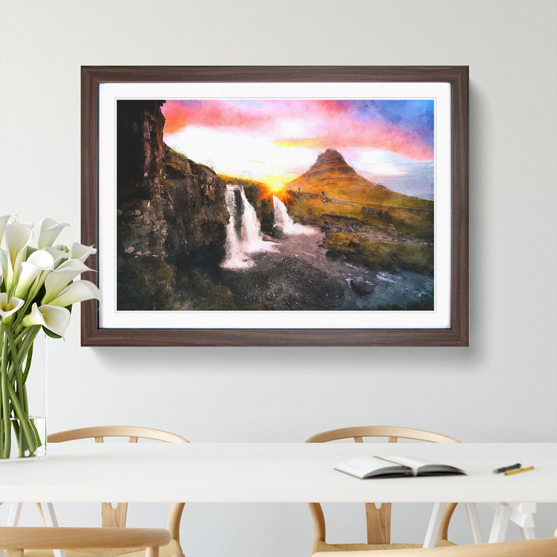 Kirkjufell Waterfalls and Mountain - Picture Frame Painting Print, 45cm H x 63cm W x 2cm D, Walnut Framed
